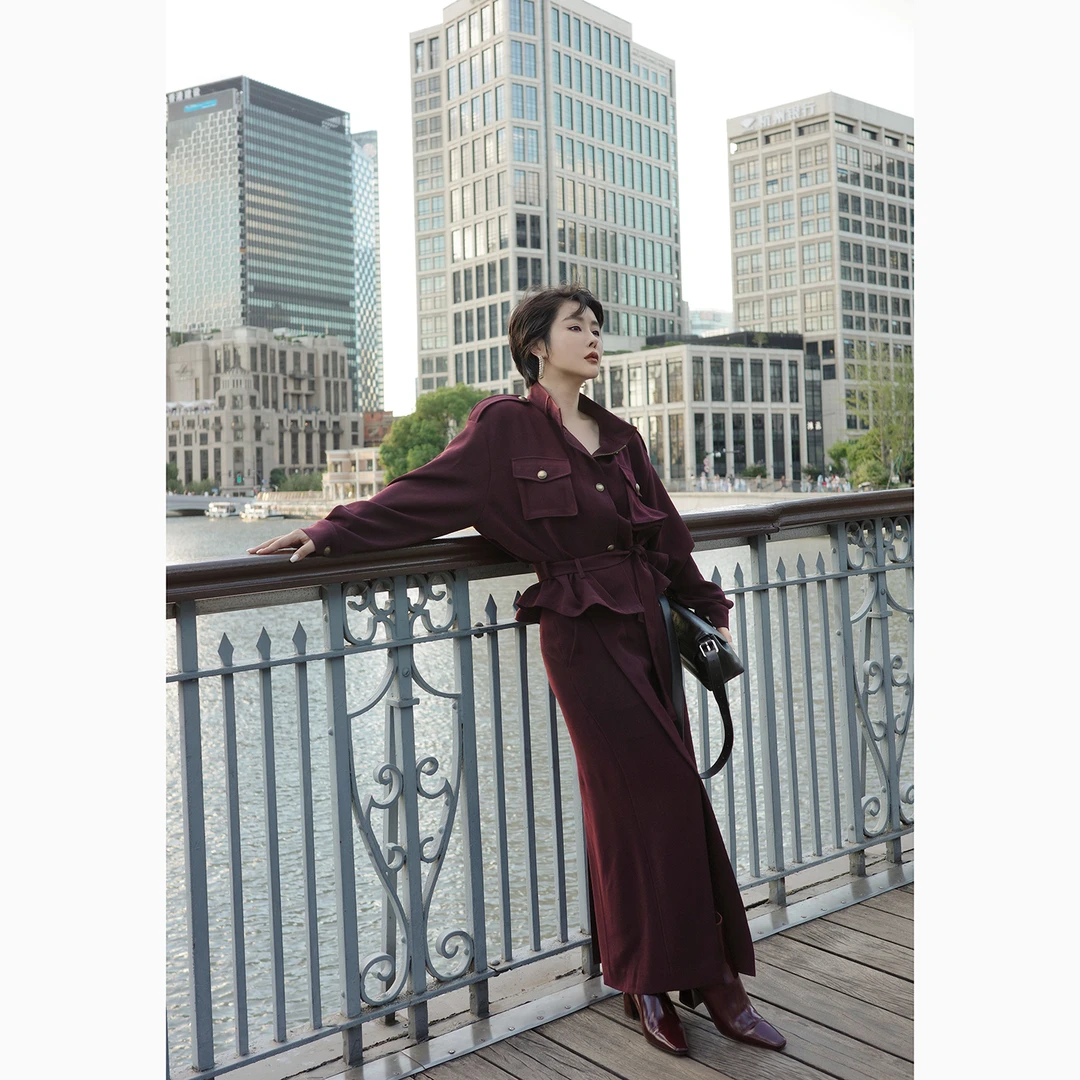 【高歌】时装气质风二件套宽松军旅短风衣H型长开叉半裙套装