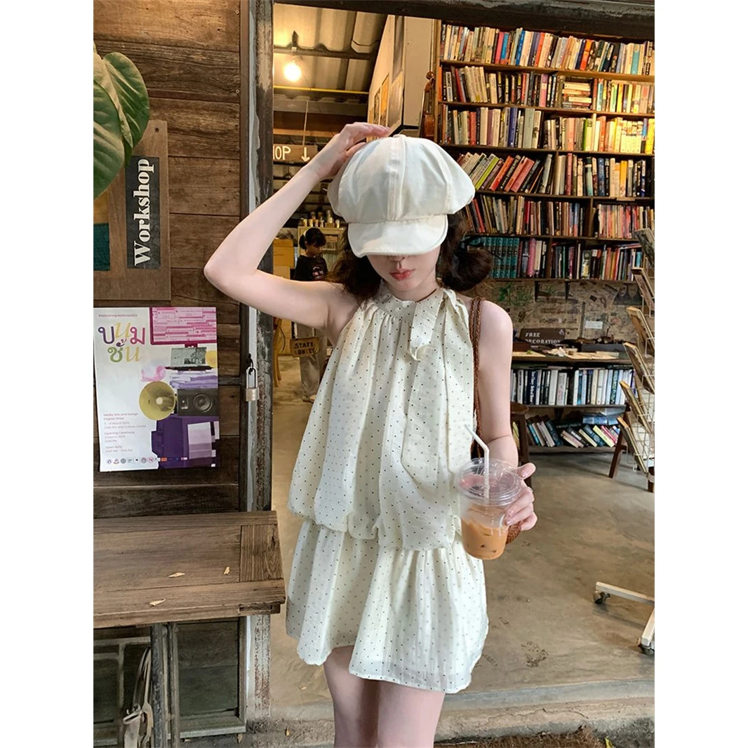 K甜美蝴蝶结绑带挂脖无袖连衣裙女2025夏季新款宽松显瘦小个子短