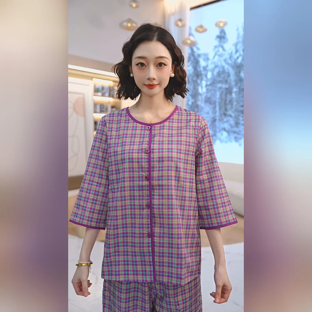 秋鹿梭织印格圆领七分袖九分裤女套时尚春夏宽松紫色