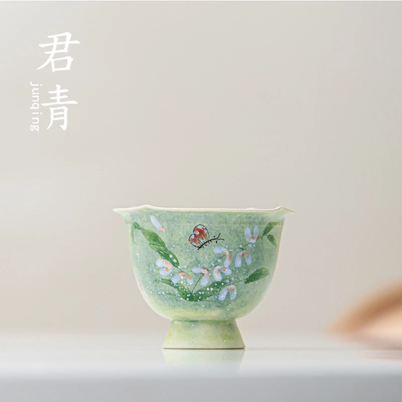 陶瓷手绘文心兰花瓣杯茶杯中式小清新风个人专用主人品茗杯花口杯