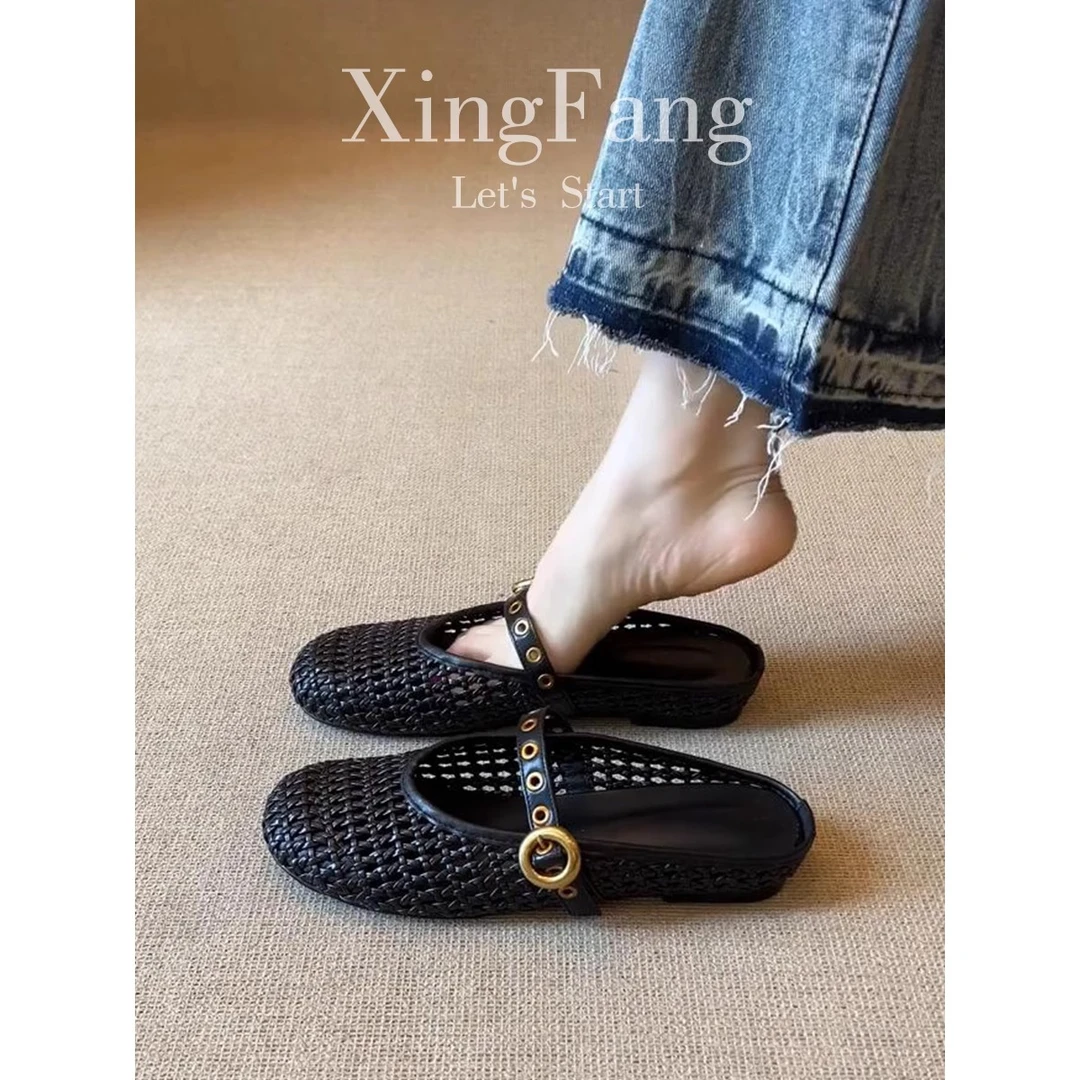 牛皮版~包头半拖鞋女夏季外穿洞洞鞋新款百搭编织镂空穆勒凉拖鞋