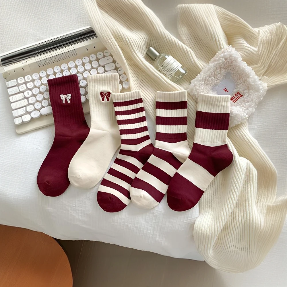 【Muusu】新款安哥拉红袜子女中筒袜酒红色秋冬款百搭长筒袜春秋季