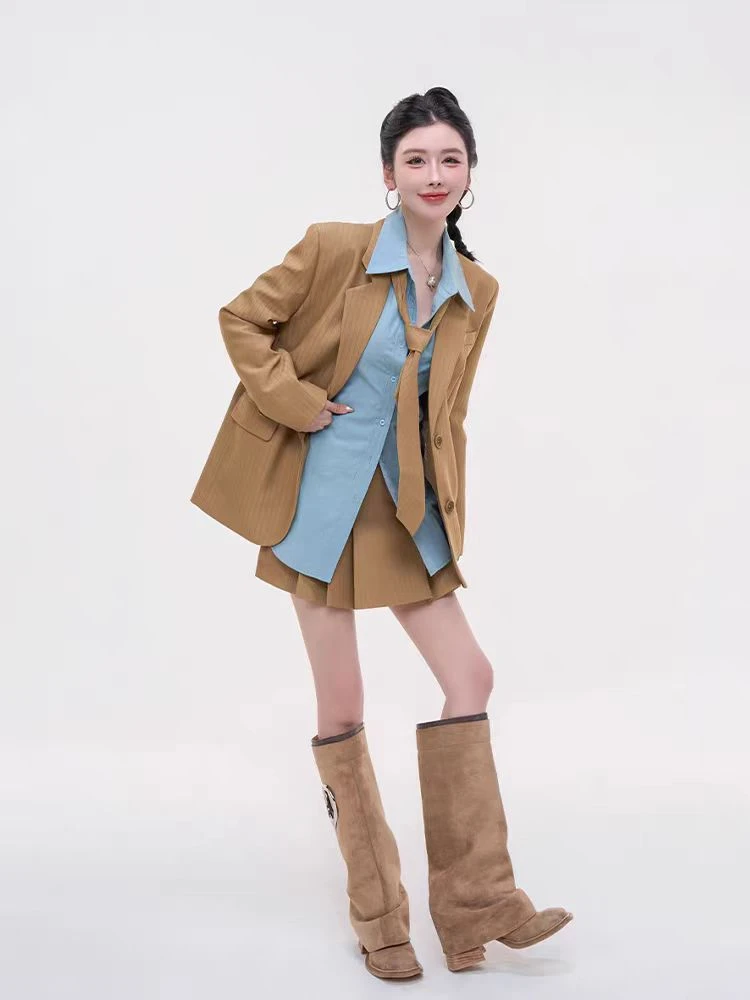 W155 【四件套】秋款气质御姐套装竖条纹西装领系带衬衫百褶裙套装