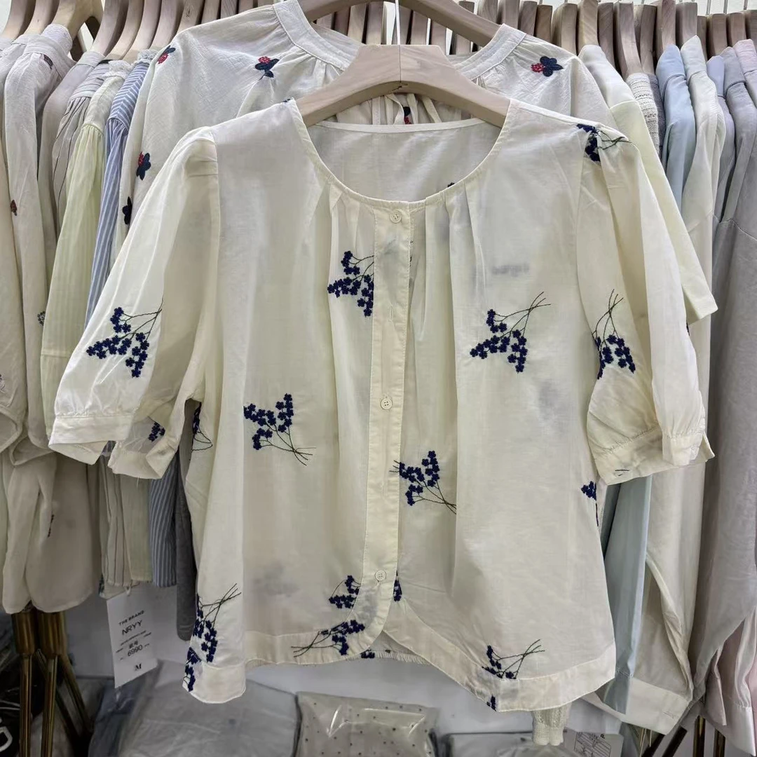 圆领下摆松紧彩绣大花小衫夏季休闲百搭