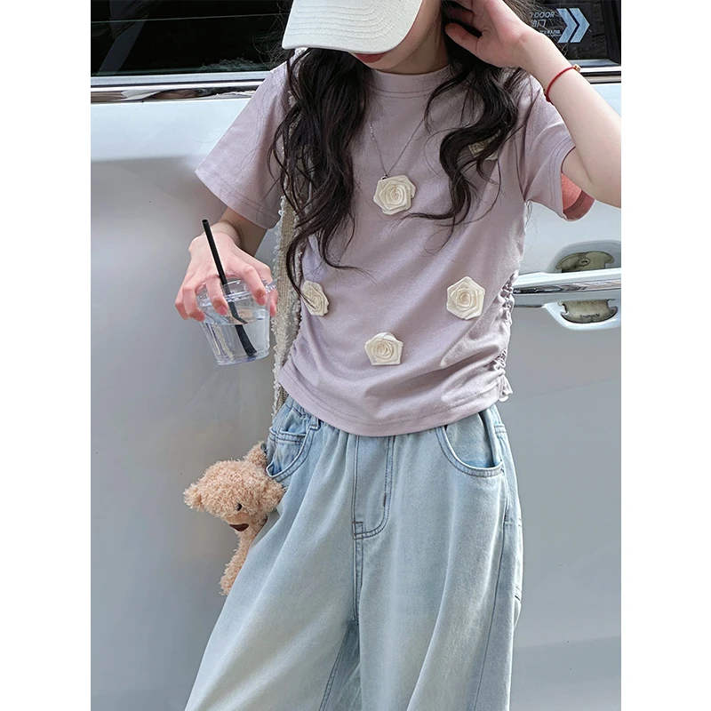 K28439立体花朵女童短袖T恤2025新款夏装儿童休闲上衣短款半袖潮t