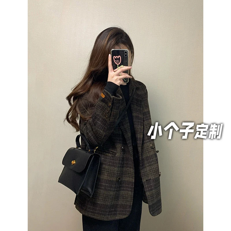 150小矮个子小香风复古格纹毛呢外套女秋法式高级感西装呢子大衣