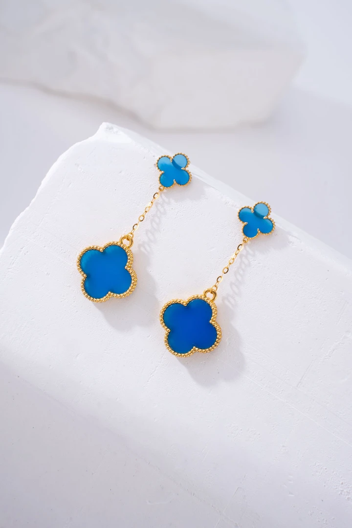 【玉素专属】18K金镶嵌蓝玛瑙双花耳钉 轻奢时尚