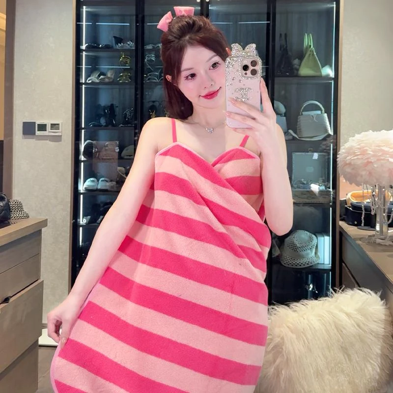 家用芭比粉柔软可爱条纹吸水速干浴巾可穿可裹肩带浴裙成人裹巾