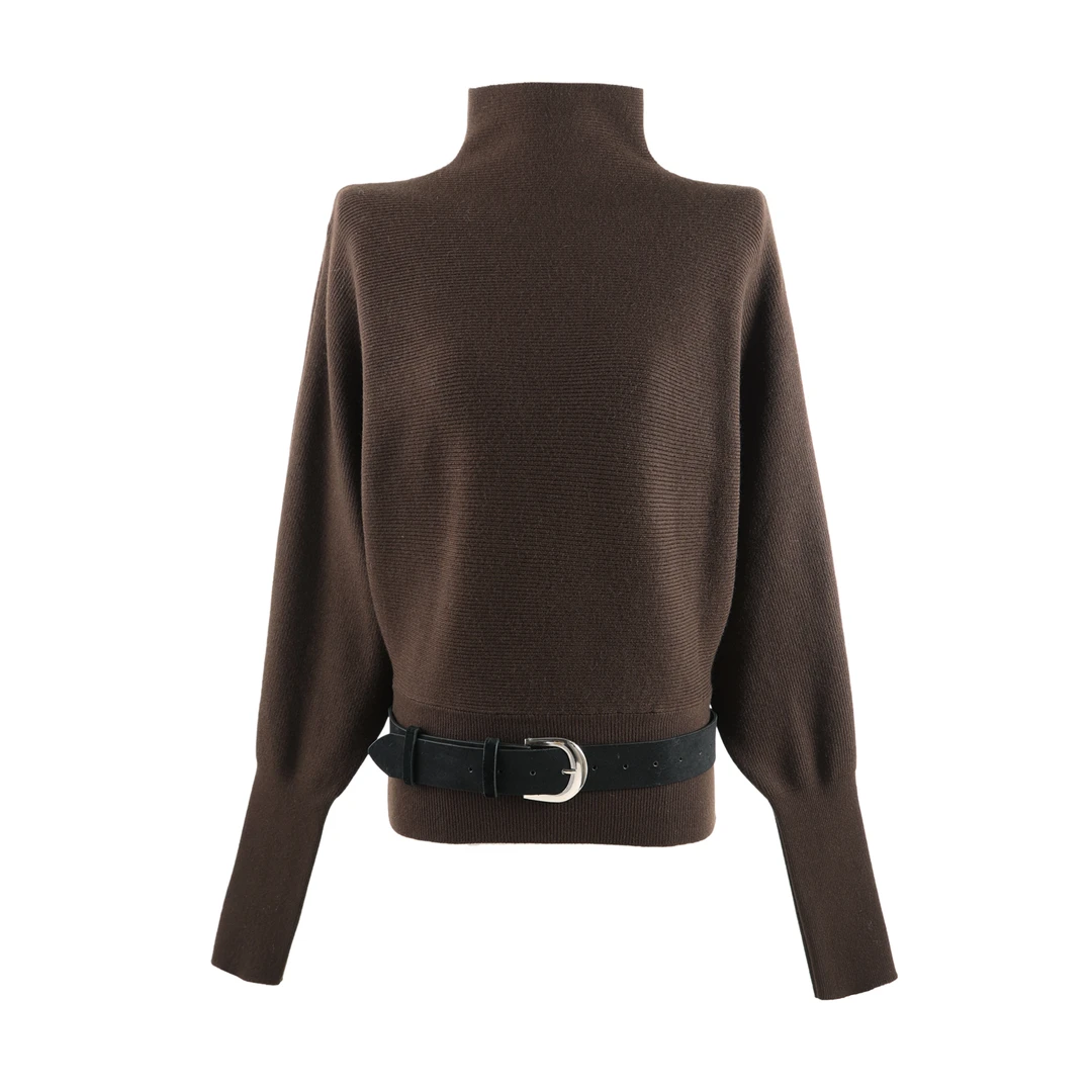 2025轻职风高领针织上衣女通勤百搭毛衣YHBZW918236【赠送腰带】