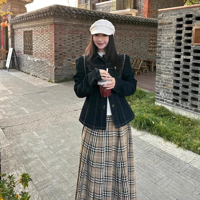 早秋韩系氛围感穿搭套装女秋季百搭韩版2025新款水洗牛仔外套宽松