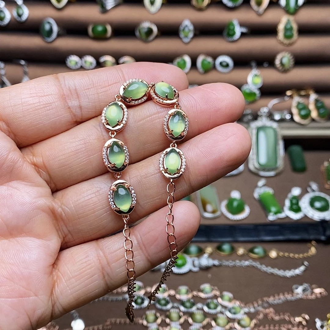 吊坠(不含链)银S925镶嵌和田玉（碧玉）手链