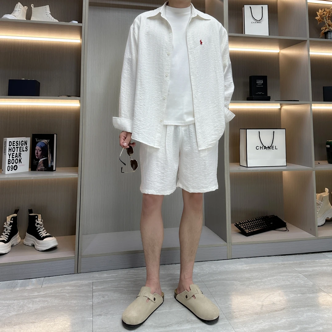 【CZD定制】夏季新款松弛感老钱风宽松慵懒亚麻长袖衬衫休闲套装男