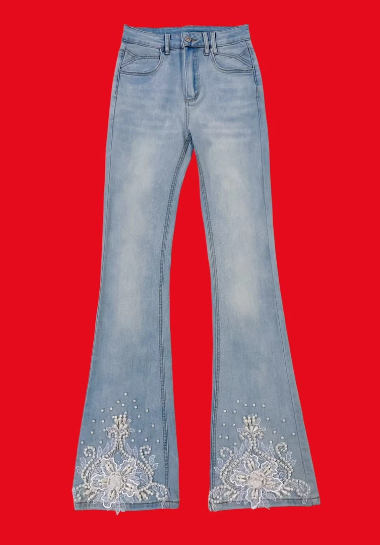 【漫老板】003私服 定制巨显瘦裤脚珍珠花朵牛仔喇叭裤