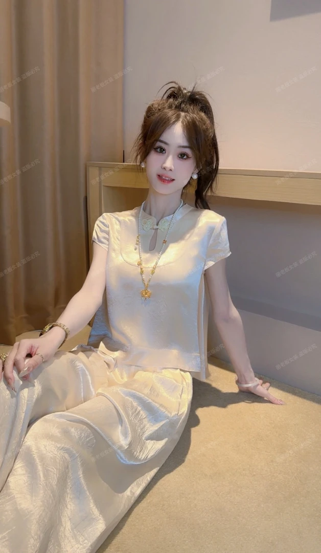 Ling【奶芙结】夏季新中式国风女装高级感轻奢夏季薄款T恤