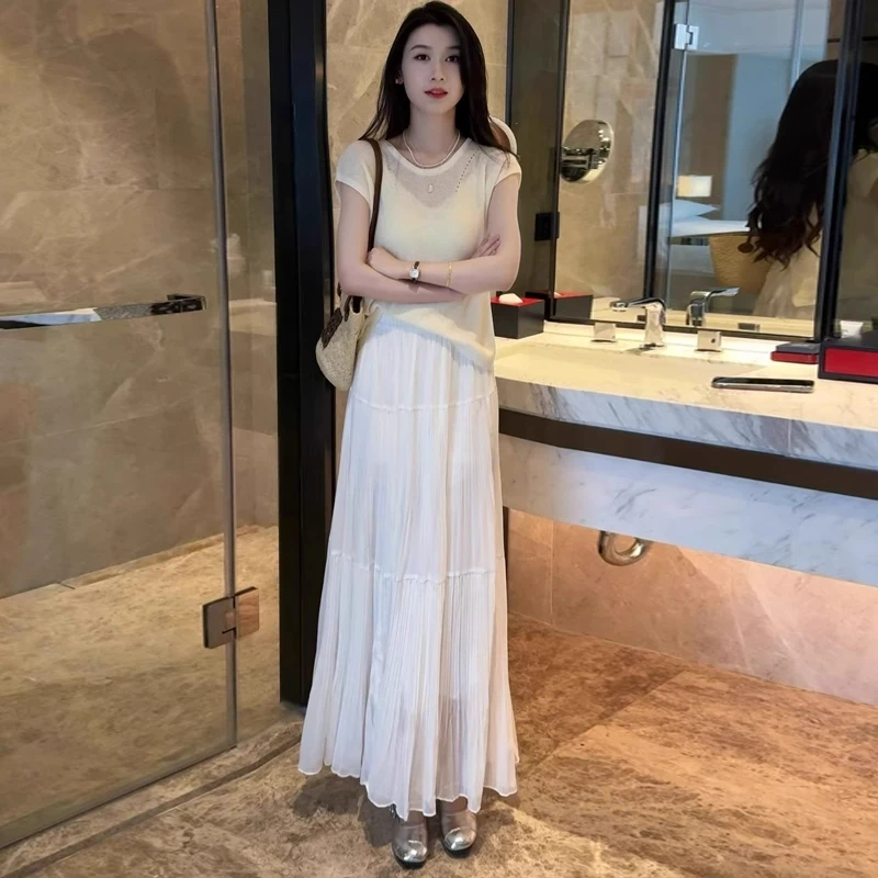 时尚套装裙女2025夏季新款洋气显瘦冰丝短袖针织衫半身裙两件套