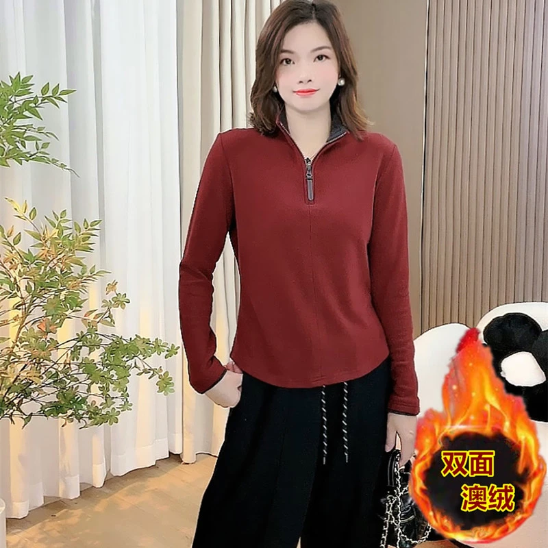 加绒加厚立领拉链澳绒打底衫女装冬季保暖洋气设计感内外搭上衣服