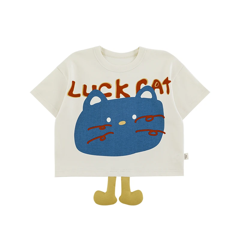 幼悠夏五波 【大脸猫猫】夏季女童 时尚童趣数码薄款印花T恤 N5461