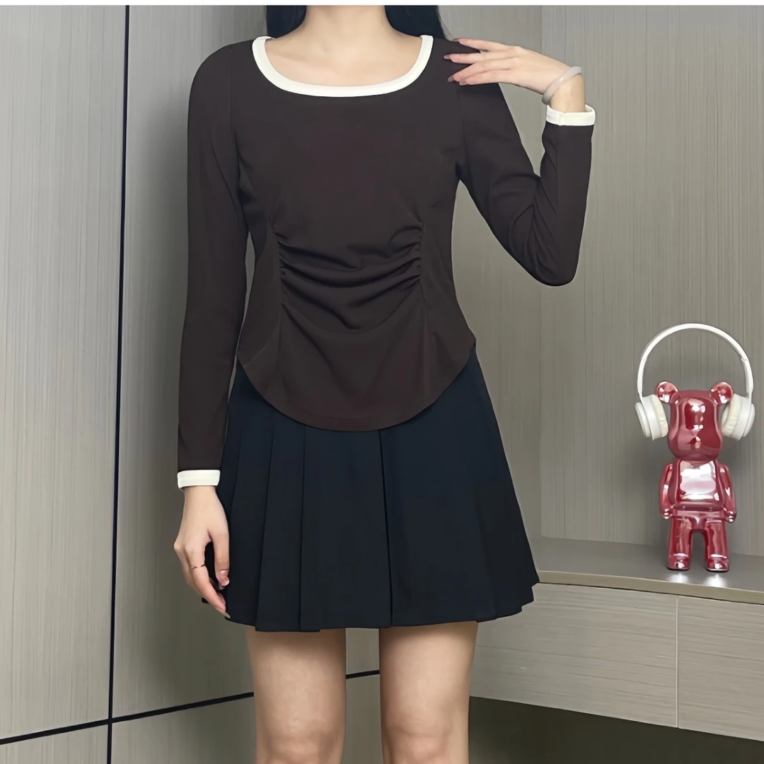 胖M青岚 59长袖秋季大码显瘦宽松百搭设计感韩版褶皱上衣