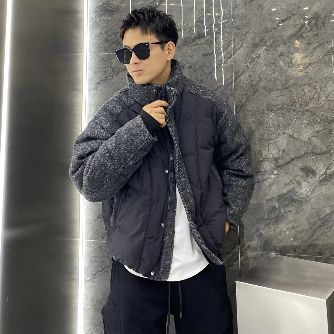 冬季美式立领毛呢拼接加厚90绒羽绒服复古痞帅保暖百搭外套男