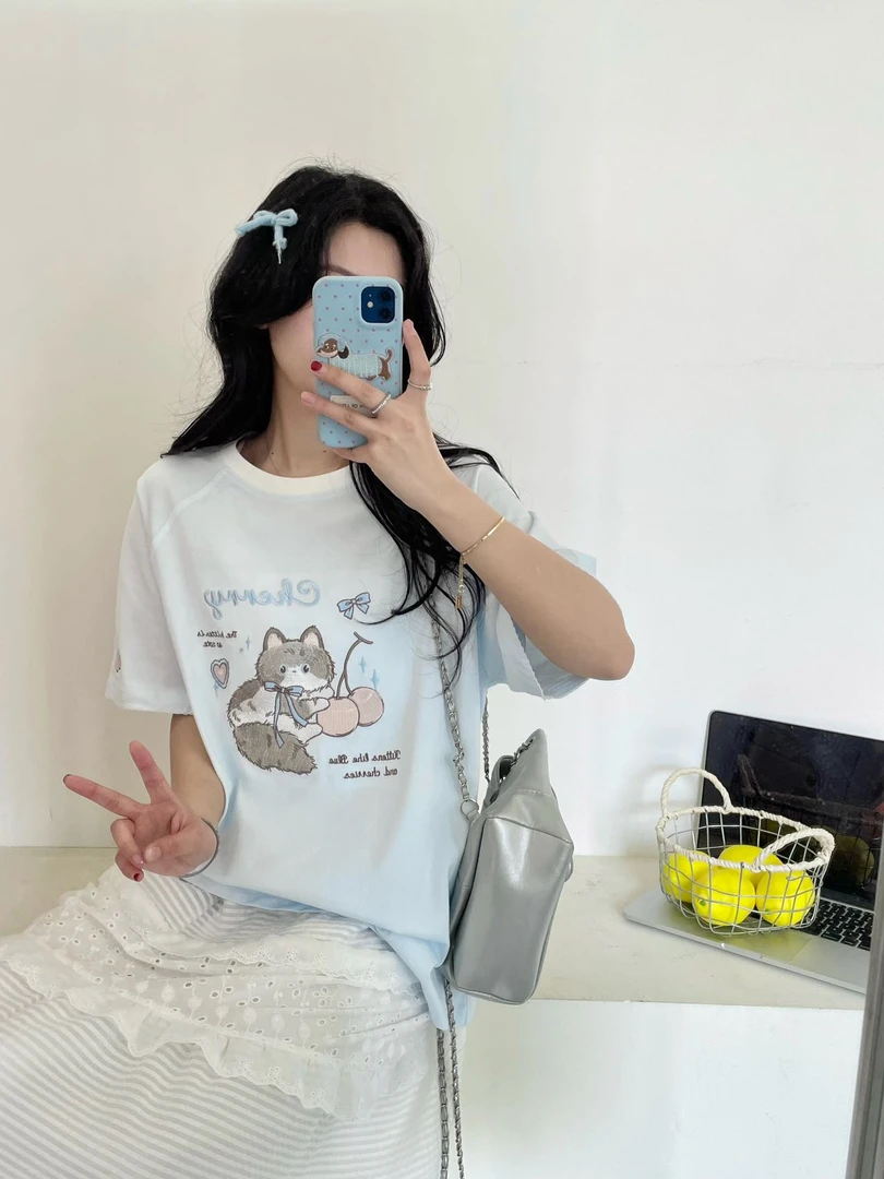 夏季上新撞色领口樱桃小猫刺绣短袖韩系少女可爱短t圆领韩版