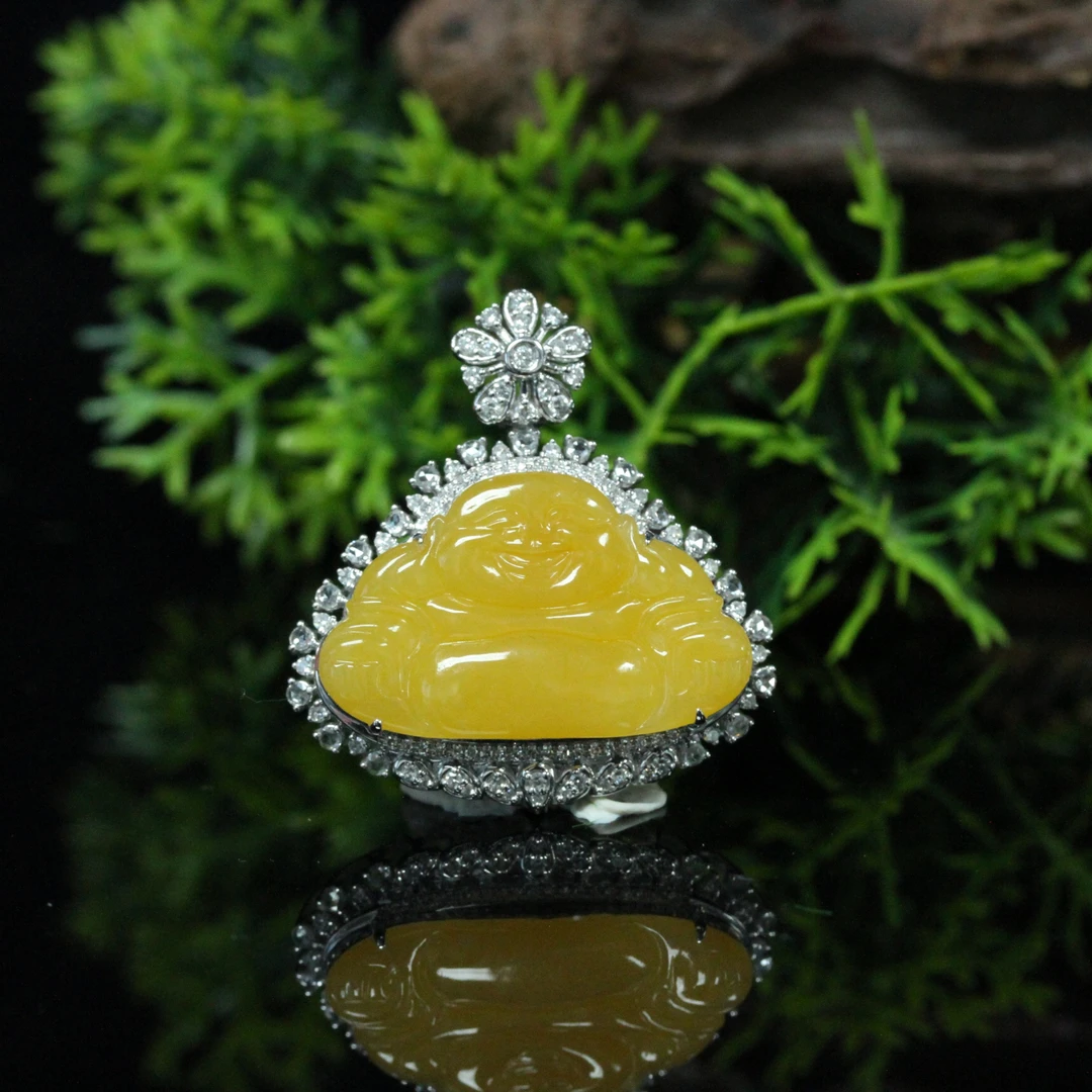 天然缅甸翡翠A货18K金镶冰黄开心聚财佛公吊坠/01035221/拍卖