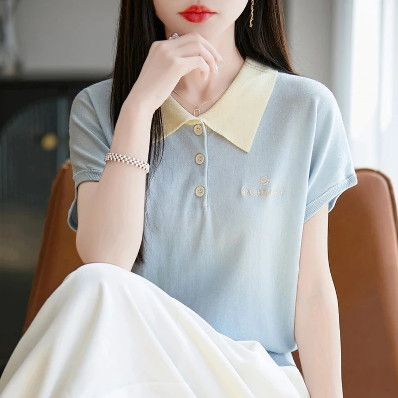 时尚大牌女装夏季新款轻薄纯色翻领针织衫休闲百搭短袖上衣T恤女