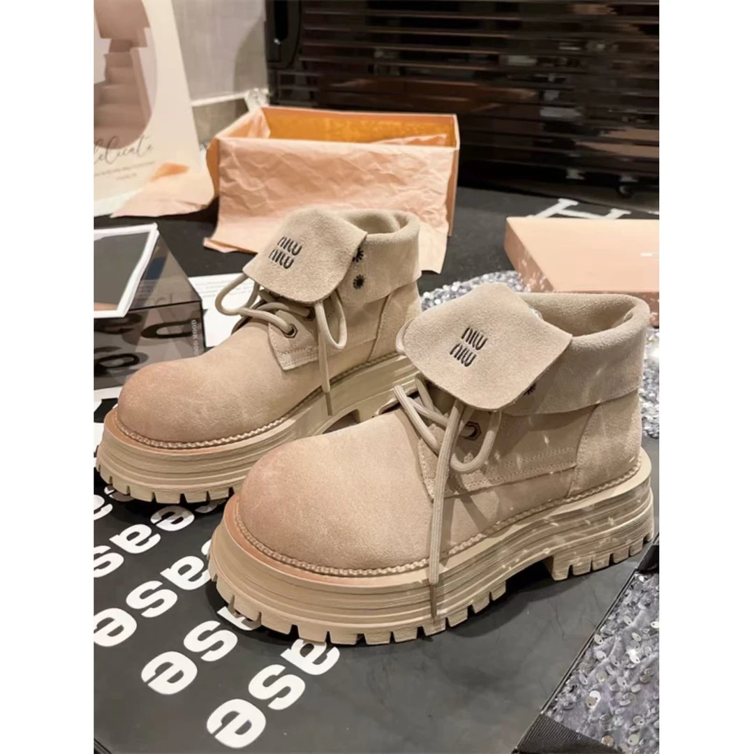 厚底时装靴女新款复古显瘦套筒马丁靴短靴86-7670（不加绒）