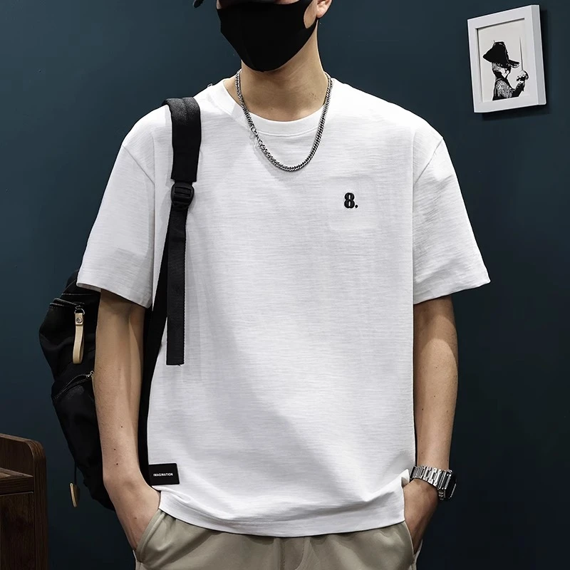 Cebrodz纯棉透气竹节棉男士短袖t恤简约刺绣2025新款潮牌大码体恤