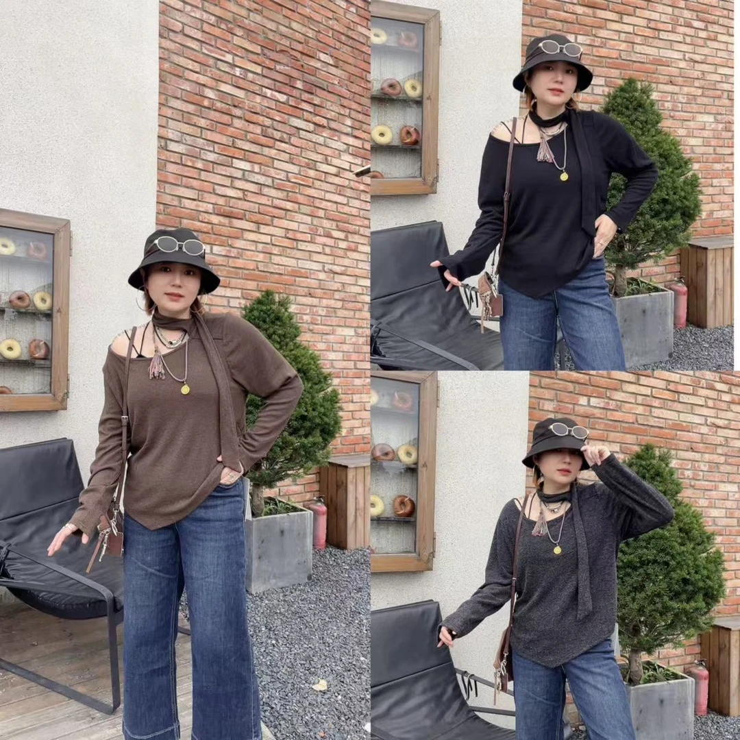 67833#长袖绑带套头T恤ins韩版休闲宽松宽松型针织圆领