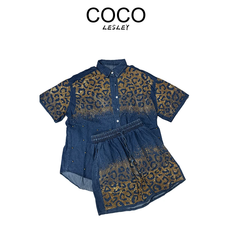 COCO LESELY 时尚重工连体休闲风衬衫时尚套装牛仔风印花蕾丝短袖