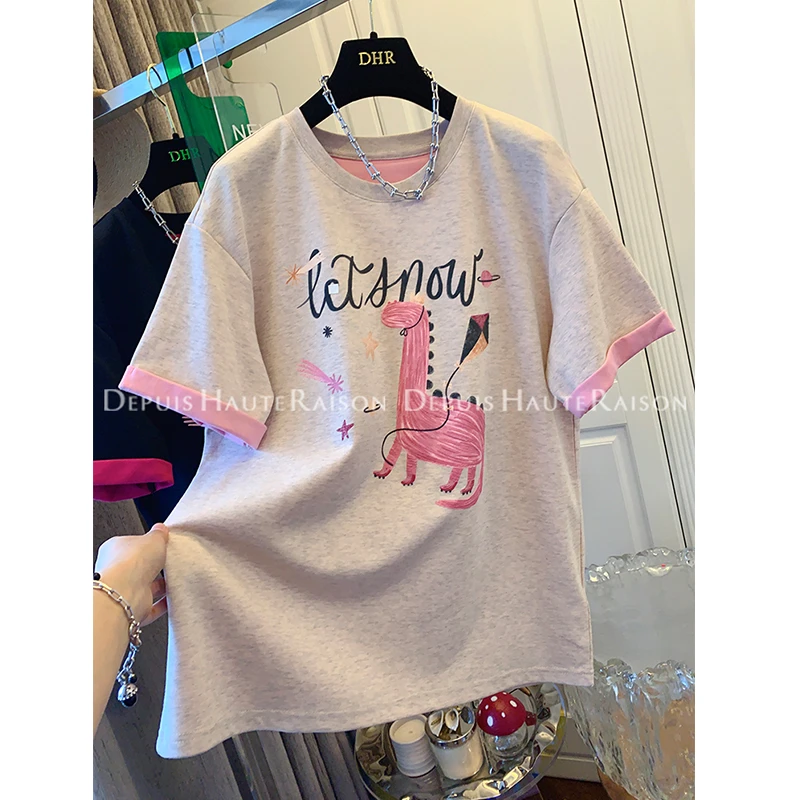 胖妹妹240斤大码美式卡通撞色短袖上衣女早春夏新款宽松遮肉T恤衫