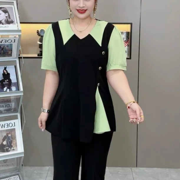 春秋女士假两件衬衫时尚拼接七分袖显瘦休闲百搭上衣