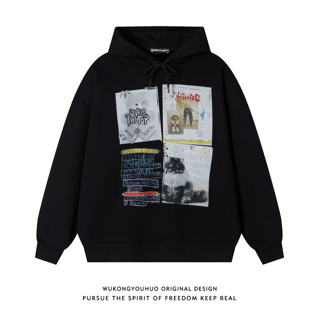 悟空有货美式复古印花加绒连帽卫衣男秋冬重磅400g银狐绒情侣帽衫