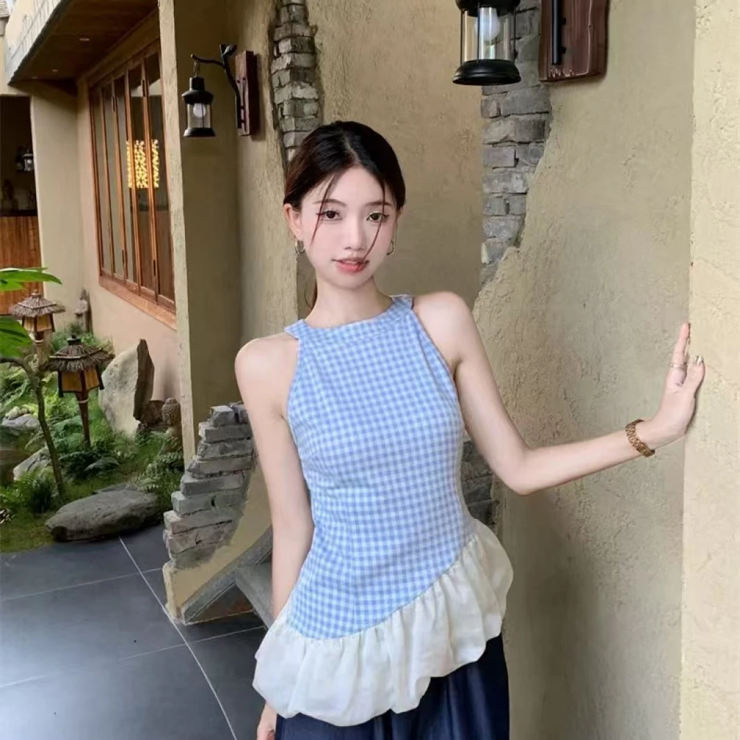 撞色拼接格纹吊带背心女夏季修身无袖外穿设计感甜美短款打底上衣