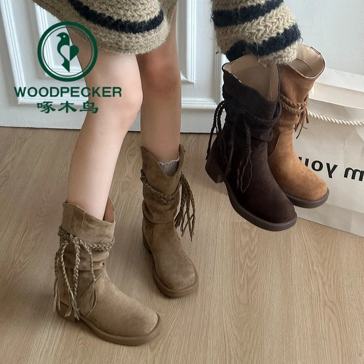 啄木鸟~厚底靴子女废士复古风骑士靴软皮磨砂流苏麻绳粗跟中筒靴