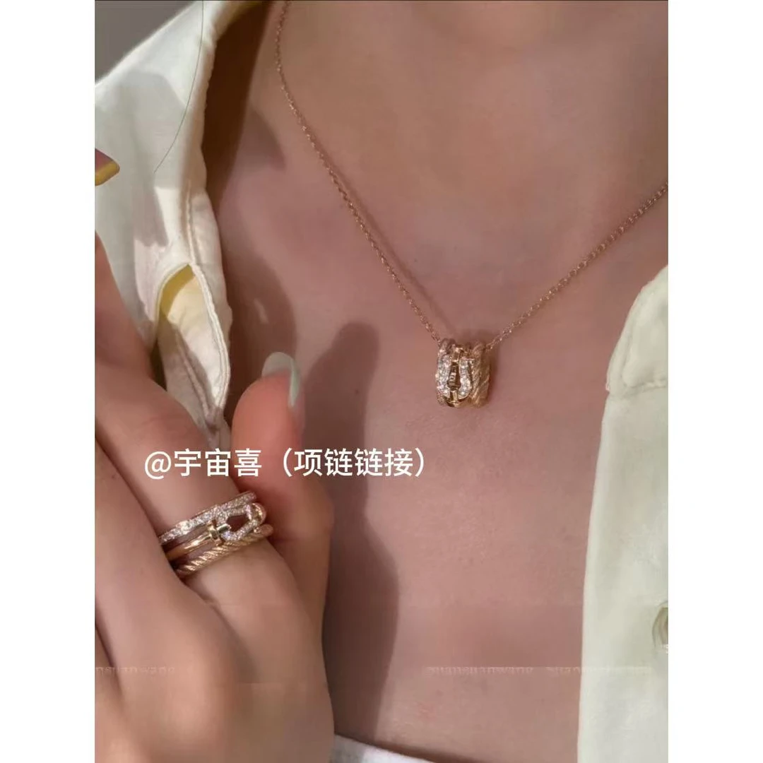 铜合金项链 I1-989【粉金色白锆三圈马蹄扣项链】