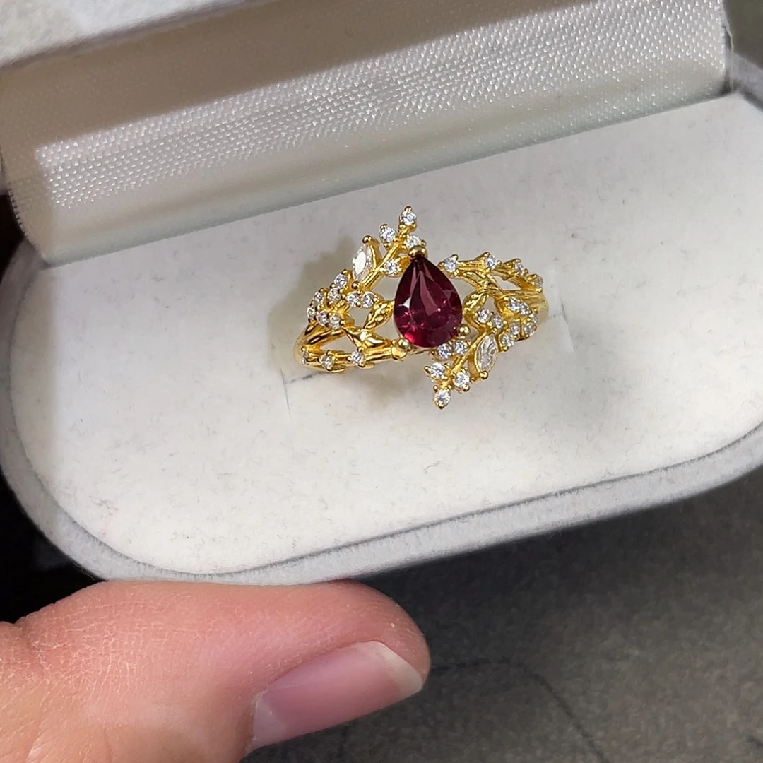 石榴石戒指银S925镀金镶嵌