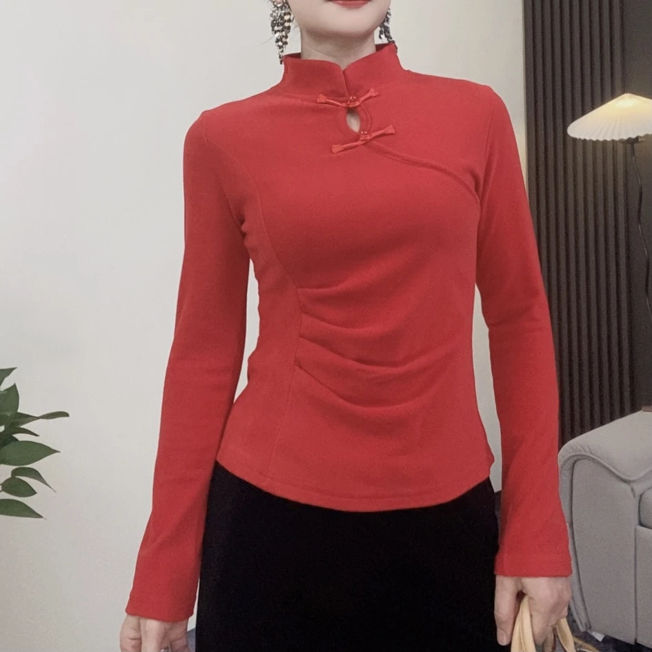 国风盘扣新中式上衣2025秋款秋冬洋气长袖打底衫加绒修身显瘦气质