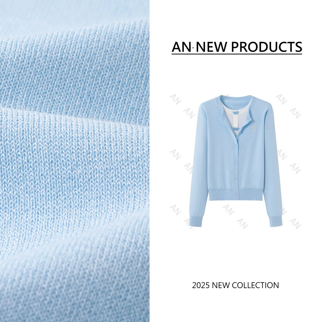 C02349春季新款设计感欧若风甜美假两件蝴蝶结针织衫