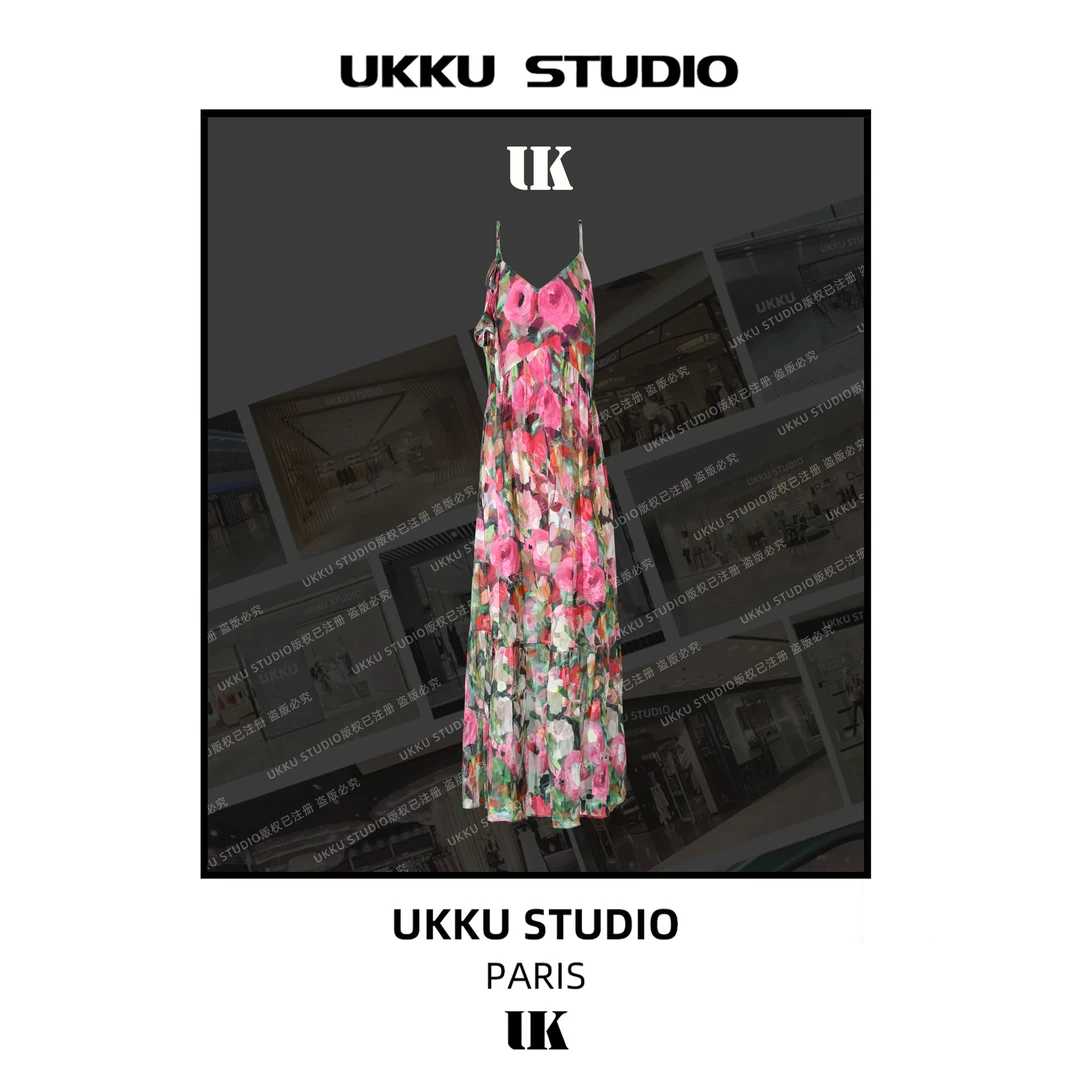 【UKKU STUDIO】夏季碎花气质收腰玫瑰花色吊带连衣裙913999