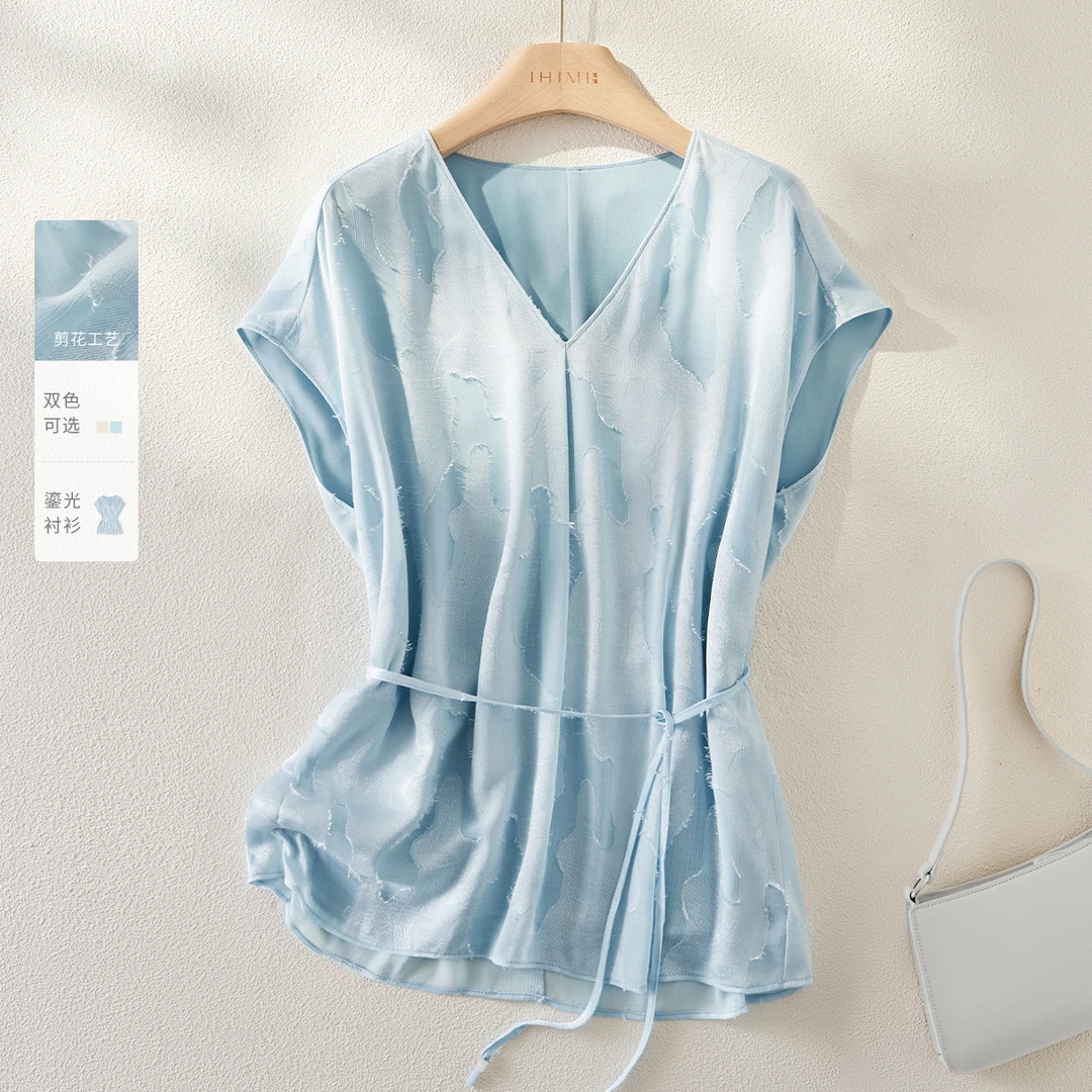 IHIMI/海谧【“朝花夕拾”夏日鎏光衬衫】25夏季女连肩袖拼接6769