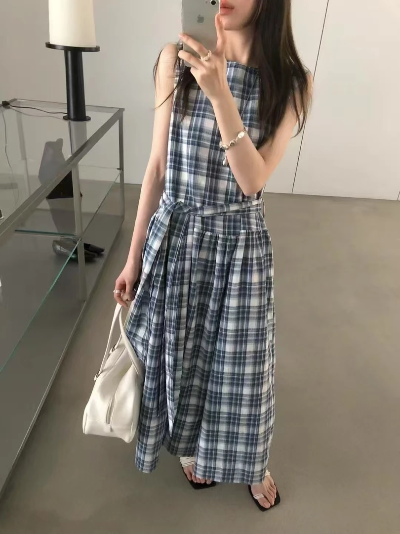 WHMT（8802#新）复古格纹气质收腰背心裙衣长118左右 配腰带