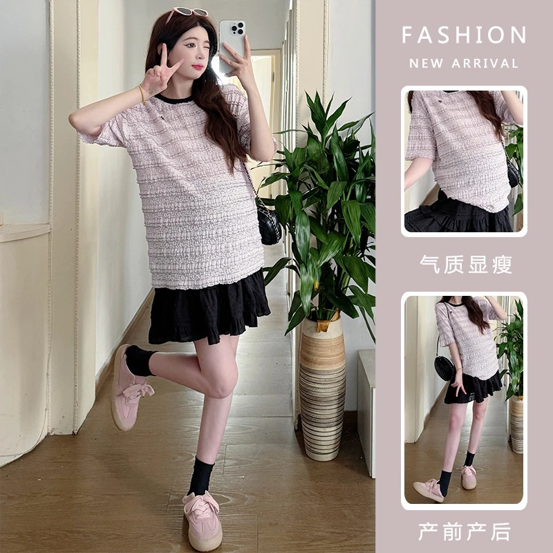韩版夏季时尚提花肌理感孕妇上衣2025夏季新款