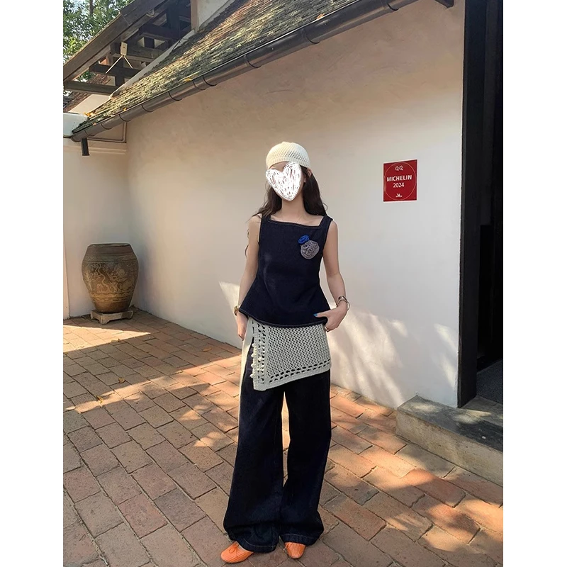 复古方领后背镂空绑带背心女夏季新款直筒显瘦百搭原色牛仔裤套装