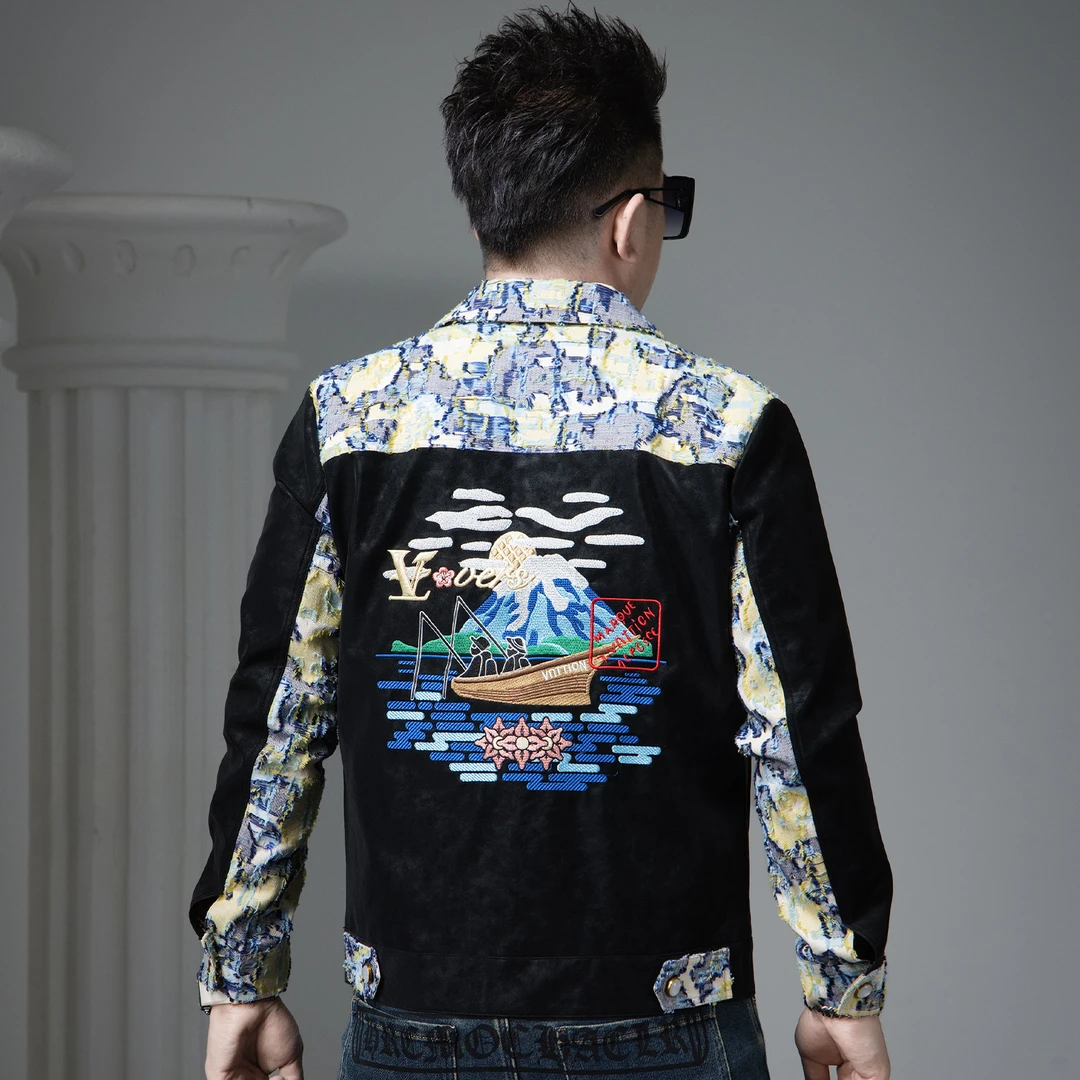 潮牌男士拼接夹克秋季2025新款潮流刺绣翻领长袖外套男款防风上衣