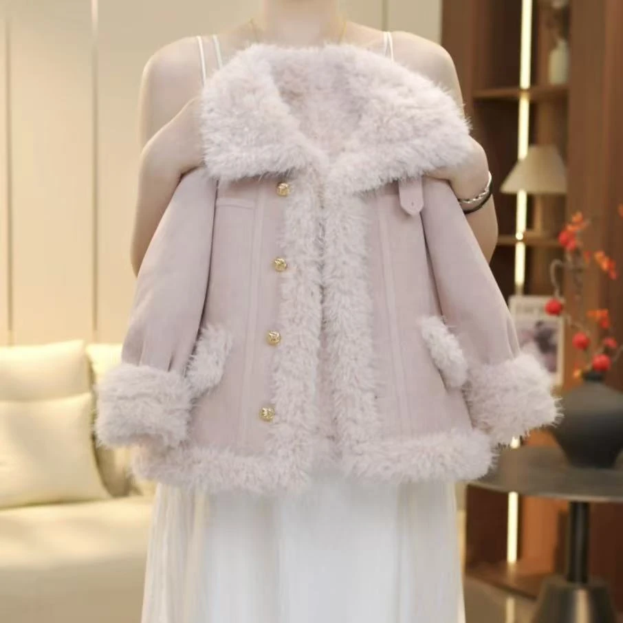 女童毛毛衣2025秋冬款加绒加厚中大童皮毛一体麂皮绒外套派克服