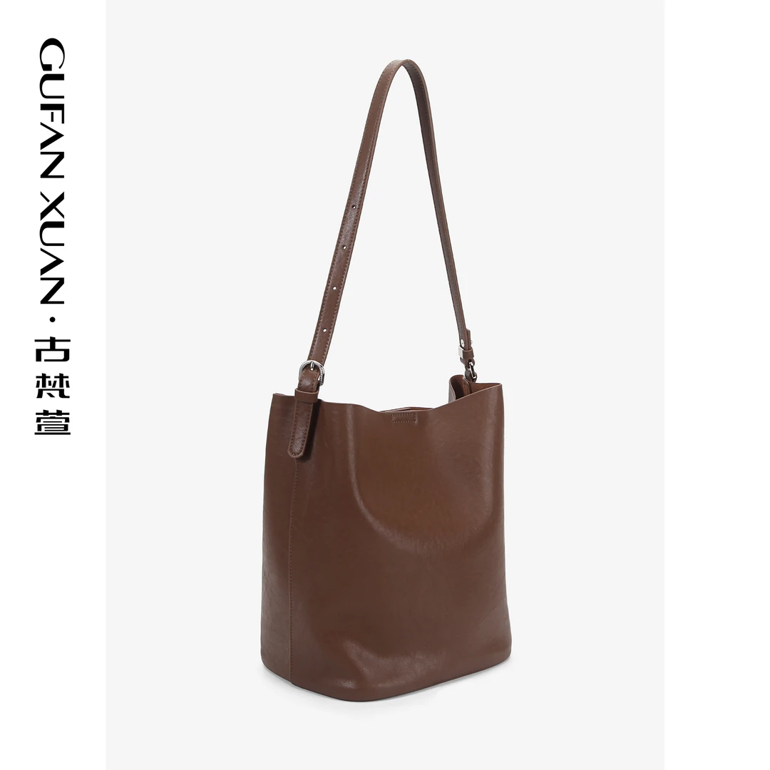 GUFAN XUAN/古梵萱新款小众时尚简约百搭真皮桶包斜挎包托特包