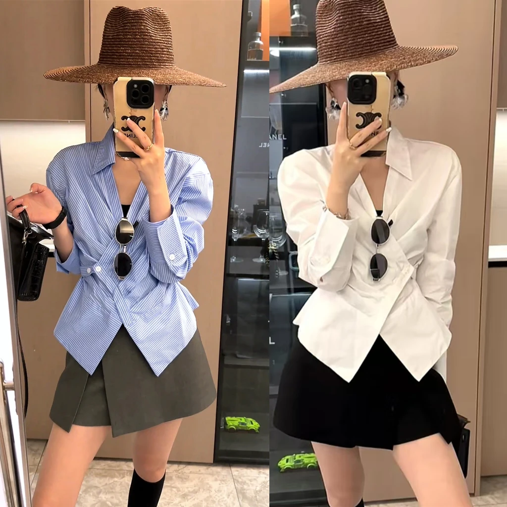 【极简穿搭】时尚显瘦都市条纹设计感衬衫上衣+百搭休闲裤裙套装女