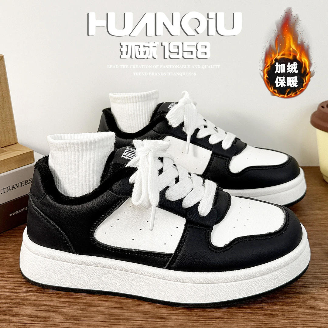 环球经典黑白加绒板鞋女款2025新款冬季时尚高颜值休闲百搭二棉鞋
