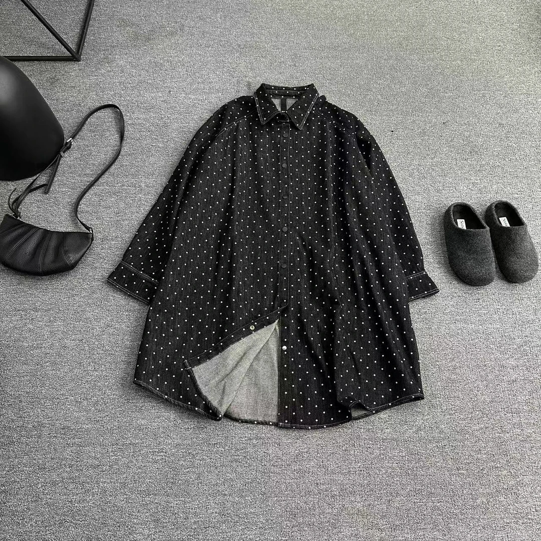 瑶睿安2025春款240斤原创中长款牛仔衬衫欧韩波点衬衣宽松 1318